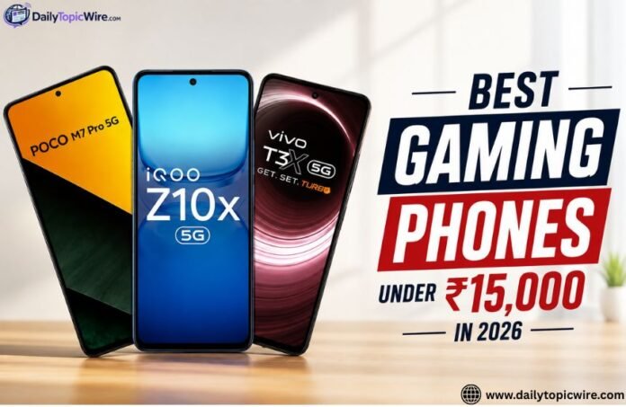 Best gaming phones under ₹15,000 in India in 2026 featuring POCO M7 Pro, iQOO Z10x, and vivo T3x 5G