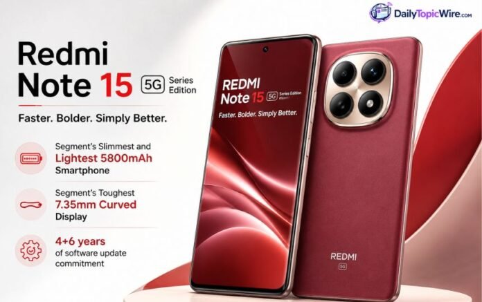 Redmi Note 15 smartphone featuring a 5800mAh battery, curved display, and quad-camera design.