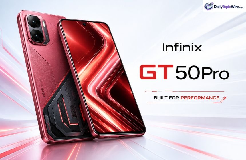 Infinix GT 50 Pro smartphone with red gaming design and Built for Performance branding